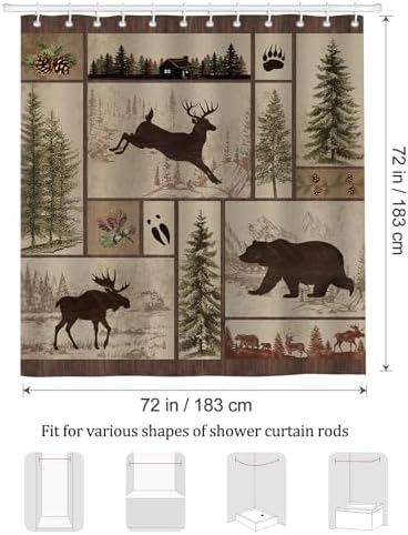 Bonhause Rustic Cabin Shower Curtain with Bear Deer Design 72x72 Inch