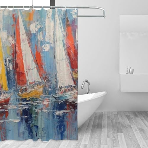 Red White Sailboat Shower Curtain Set with 12 Hooks 72x72in 1