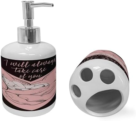 Ambesonne Love Theme Soap Dispenser Toothbrush Holder Set Pale Pink Dark Brown