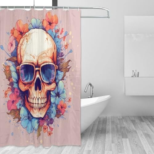 Boho Blue Flower Skull Shower Curtain Set with 12 Hooks