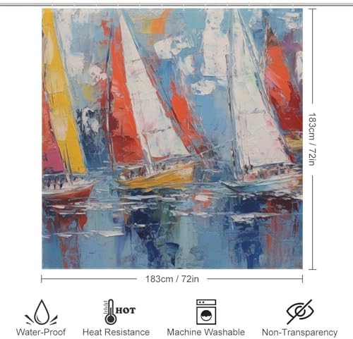 Red White Sailboat Shower Curtain Set with 12 Hooks 72x72in 1