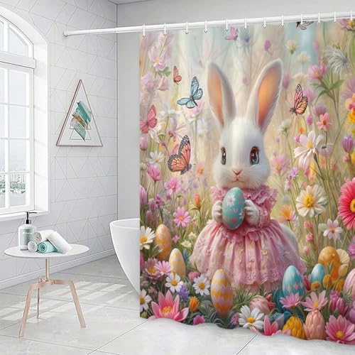 JAWO Pink Rabbit Easter Shower Curtain Set with Hooks