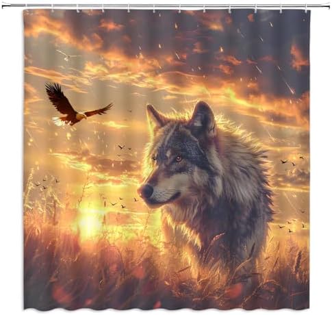 GIXKOXE Wolf Shower Curtain with Desert Sunset Design