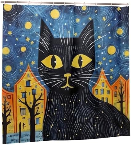Black Cat Shower Curtain Set with 12 Hooks 72x72in 1