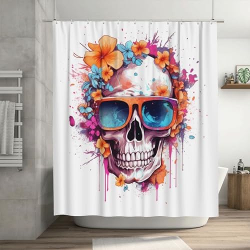 Boho Blue Flower Skull Shower Curtain Set with 12 Hooks 1