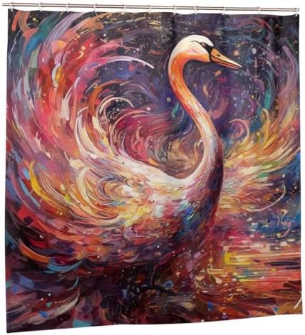 Red Swan Abstract Waterproof Shower Curtain Set with 12 Hooks