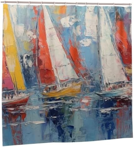 Red White Sailboat Shower Curtain Set with 12 Hooks 72x72in 1