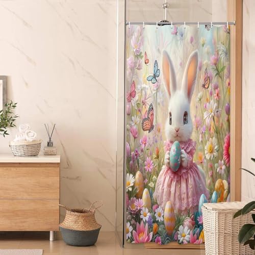 JAWO Pink Rabbit Easter Shower Curtain Set with Hooks