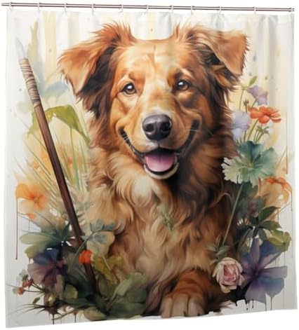 Brown Dog Pattern Waterproof Shower Curtain Set with 12 Hooks 72x72in