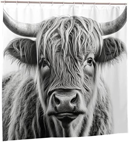 Highland Cow Pattern Waterproof Shower Curtain Set with 12 Hooks 72x72in