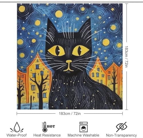 Black Cat Shower Curtain Set with 12 Hooks 72x72in 1
