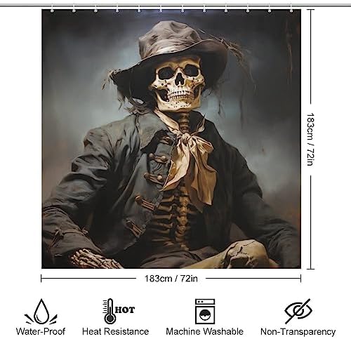Black Skull Boho Shower Curtain Set with 12 Hooks 72x72in