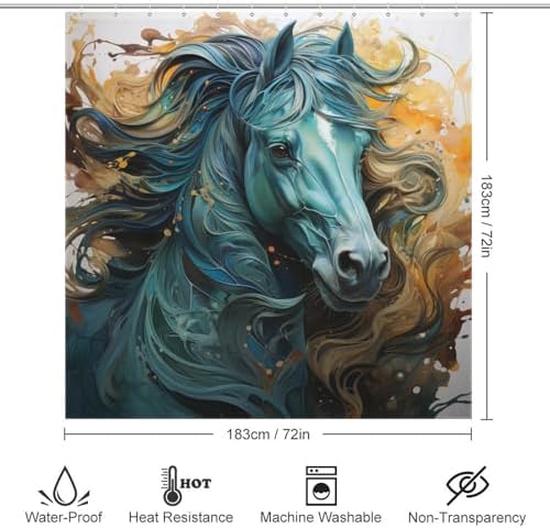 Green Horse Shower Curtain Set with 12 Hooks 72x72in