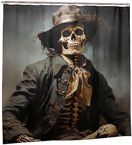 Black Skull Boho Shower Curtain Set with 12 Hooks 72x72in