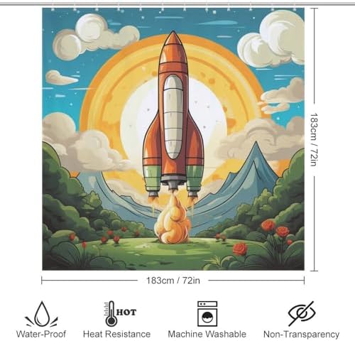 Cartoon Rocket Shower Curtain with 12 Hooks 72x72in