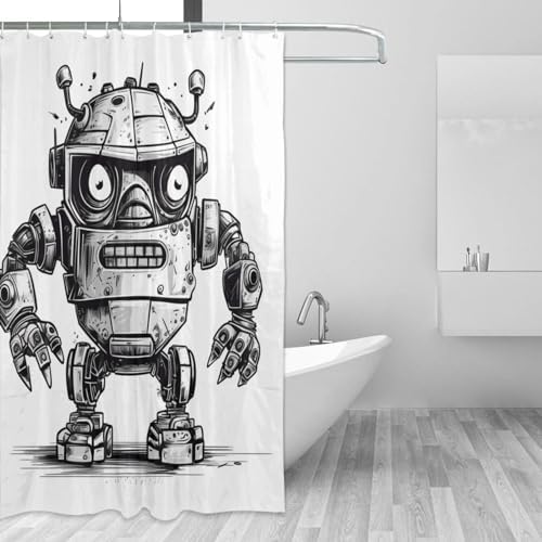 Cartoon Robot Shower Curtain Set with 12 Hooks 72x72in