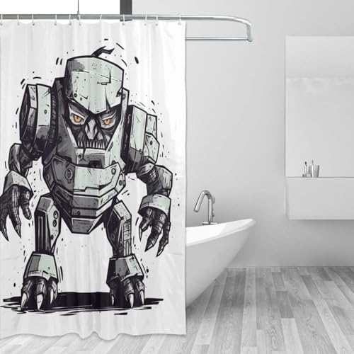 Cartoon Robot Shower Curtain Set with 12 Hooks 72x72in 1