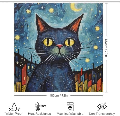 Black Cat Shower Curtain Set with 12 Hooks 72x72in