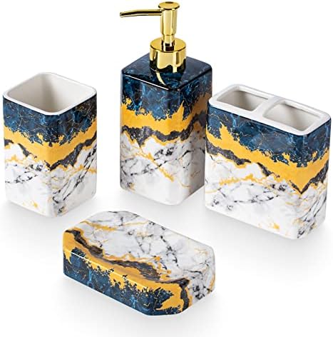 4 Piece Blue Marble Bathroom Accessories Set