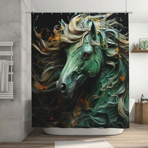 Green Horse Boho Shower Curtain Set with 12 Hooks 72x72in
