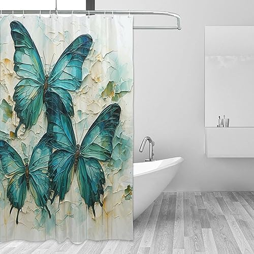 Green Blue Butterfly Shower Curtain Set 72x72in