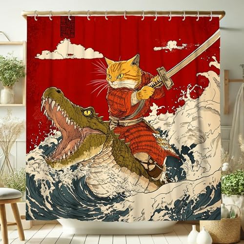 Cat Samurai Shower Curtain Orange Design 72x72 Inch