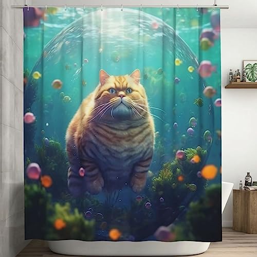 Cute Fat Cat Underwater Fun Fish Shower Curtain Set