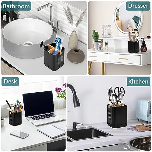 Boperzi Black Toothbrush Holder with Bamboo Divider