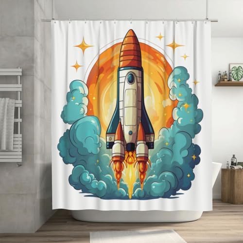 Cartoon Rocket Shower Curtain Set with 12 Hooks 72x72in