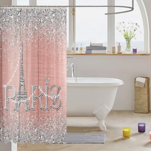Erosebridal Eiffel Tower Shower Curtain Pink Silver Romantic Paris Decor