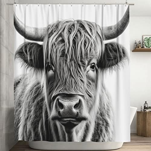 Highland Cow Pattern Waterproof Shower Curtain Set with 12 Hooks 72x72in