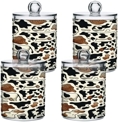 Qilmy Cow Pattern Q-Tip Holder 2 Pack Clear Plastic Apothecary Jars