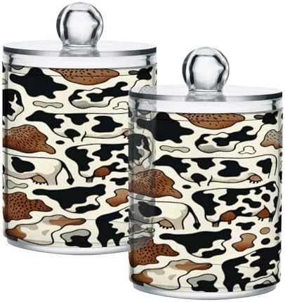 Qilmy Cow Pattern Q-Tip Holder 2 Pack Clear Plastic Apothecary Jars