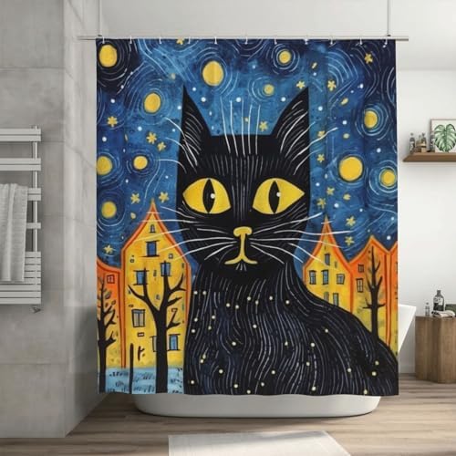 Black Cat Shower Curtain Set with 12 Hooks 72x72in 1