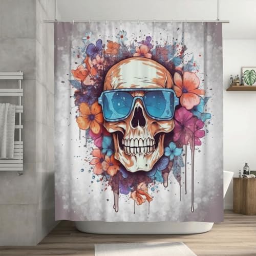 Boho Blue Flower Shower Curtain Set with 12 Hooks 72x72in