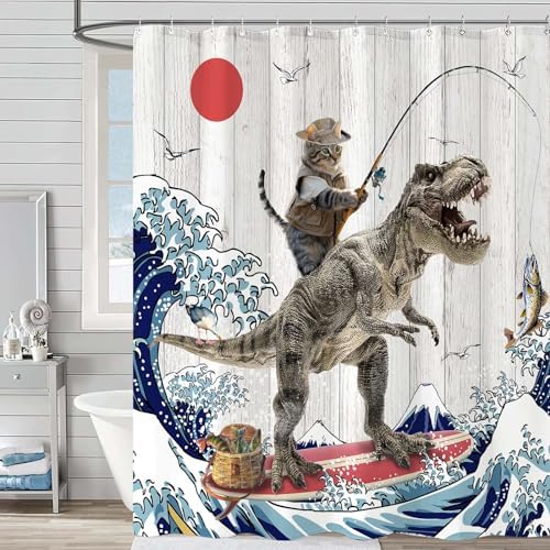 Fowocu Funny Cat Dinosaur Shower Curtain 78 Inch 1