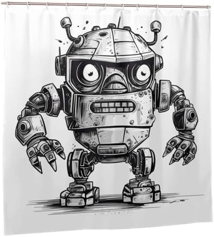 Cartoon Robot Shower Curtain Set with 12 Hooks 72x72in