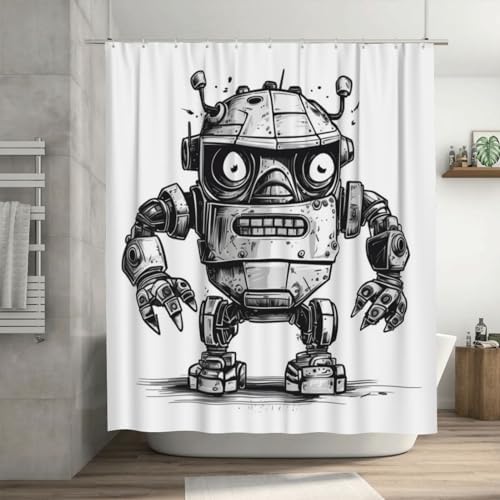 Cartoon Robot Shower Curtain Set with 12 Hooks 72x72in