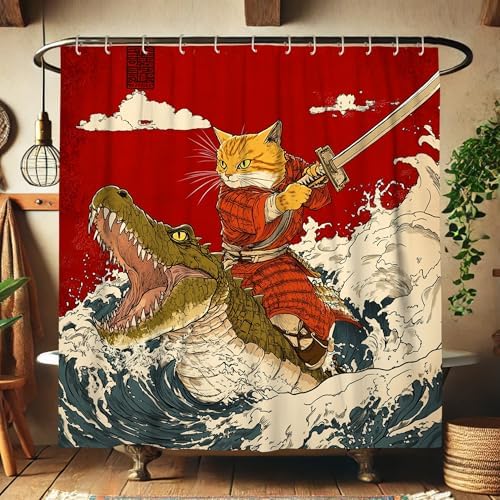 Cat Samurai Shower Curtain Orange Design 72x72 Inch