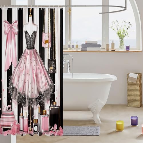 Pink Girly Dress Shower Curtain with Gold Polka Dots and Perfume Print