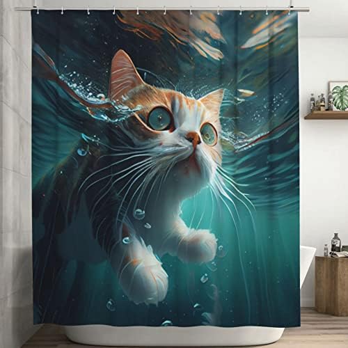 TIYAANDSY Underwater Cat Shower Curtain Set 72x72in with 12 Hooks