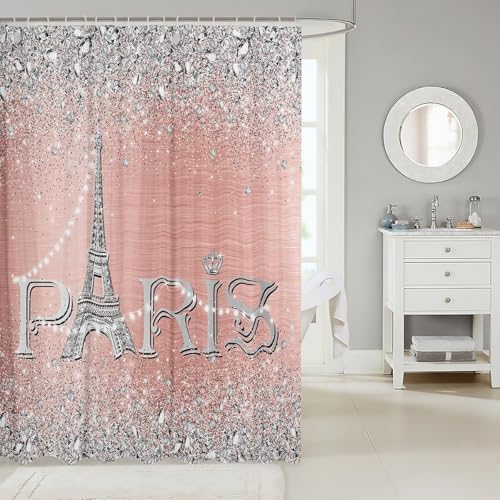 Erosebridal Eiffel Tower Shower Curtain Pink Silver Romantic Paris Decor