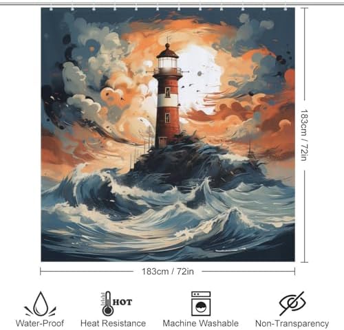 TIYAANDSY Lighthouse Shower Curtain Set 72x72in with 12 Hooks