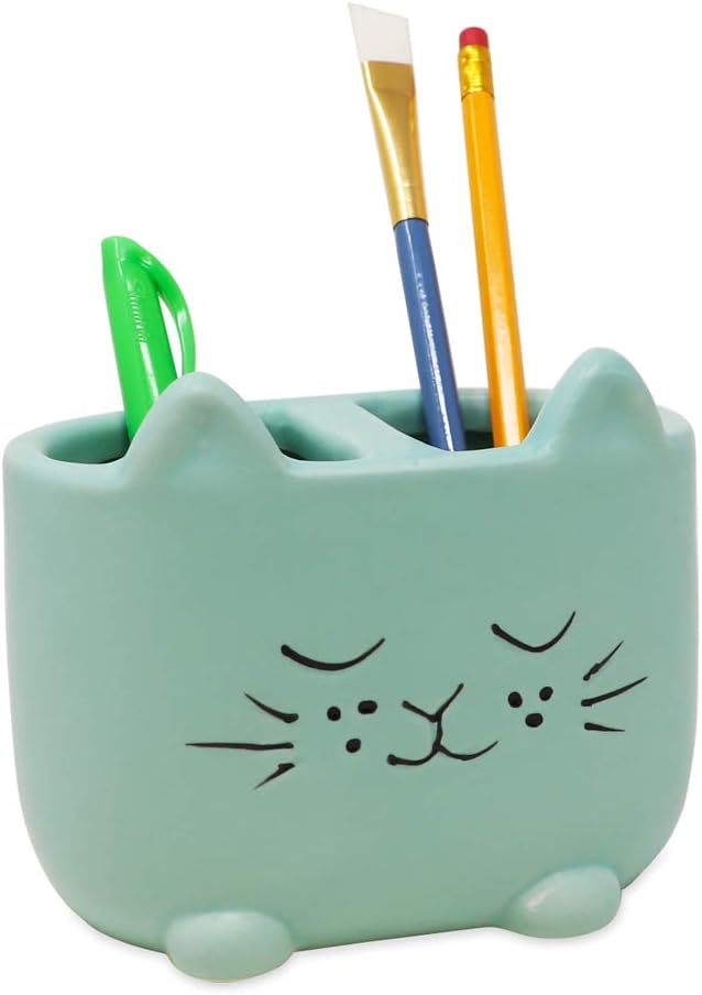 Isaac Jacobs Blue Ceramic Cat Brush Holder Organizer