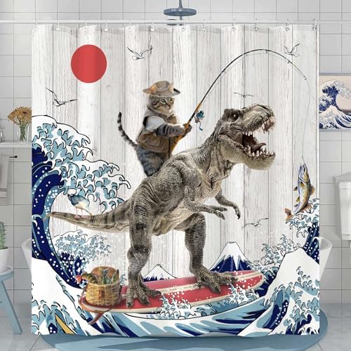 Fowocu Funny Cat Dinosaur Shower Curtain 78 Inch 1