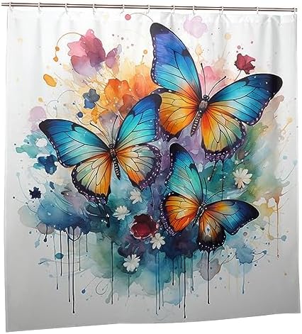 Blue Butterfly Waterproof Shower Curtain Set with 12 Hooks 72x72in