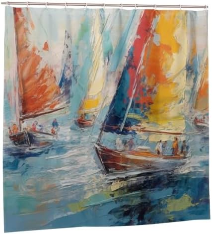 Red White Sailboat Shower Curtain Set with 12 Hooks 72x72in