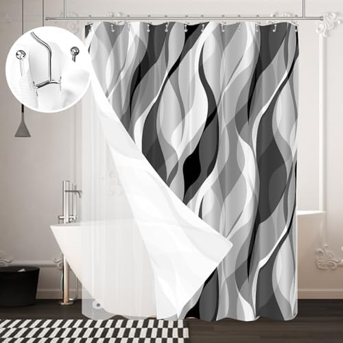 Grey Black Modern 3 in 1 Shower Curtain Set