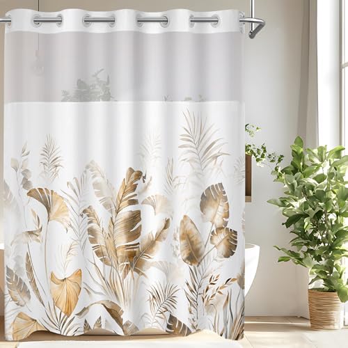 Boho Tropical Shower Curtain Set with Liner Brown Tan 71x74