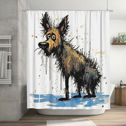 Cartoon Dirty Dog Waterproof Shower Curtain Set with 12 Hooks